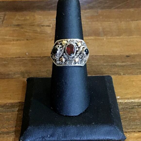 Vintage Sterling Silver Garnet Ring, Gothic Boho Ornate 925 Statement – Size 8.5 - Picture 3 of 6